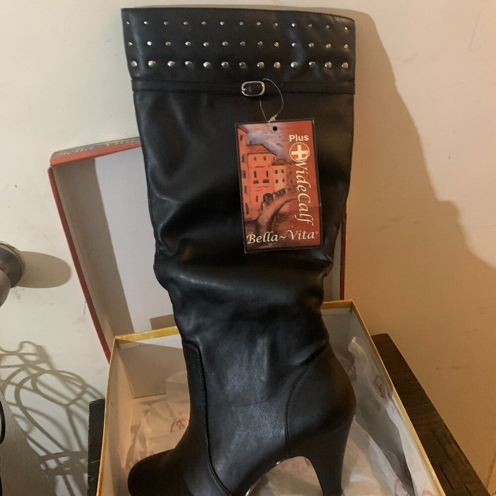 Black, Bella Vita knee high boots, size 10. Extra wide calf